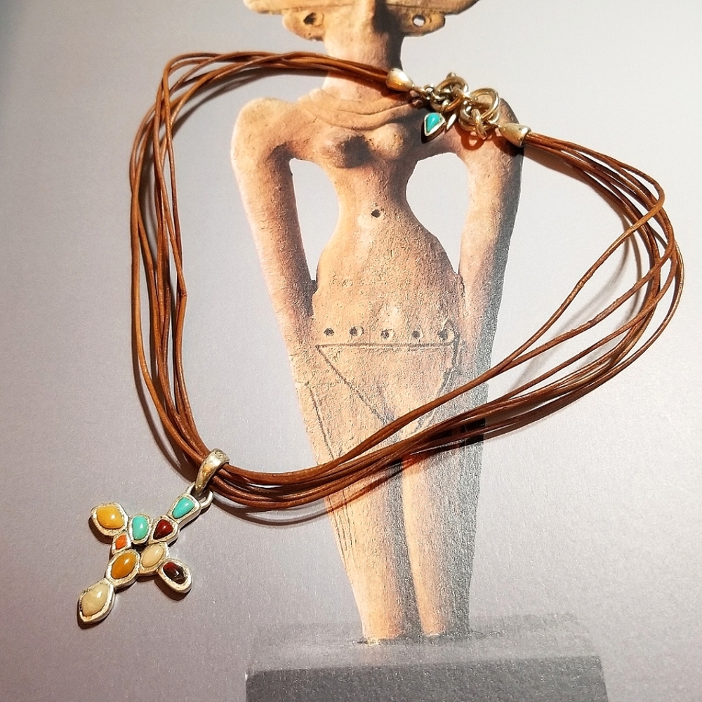 BARSE Retired Multi Gem Cross Necklace Sterling and Leather - Picture 3 of 7